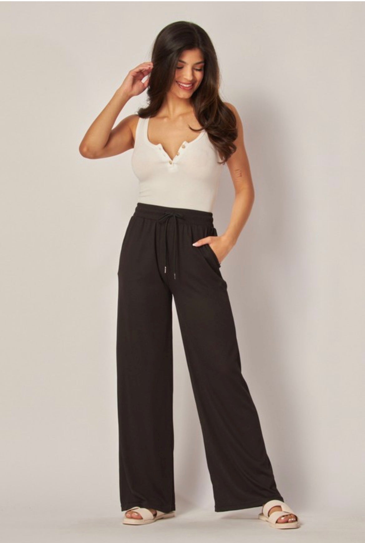 Black Ridded Drawstring Wide Leg Pants