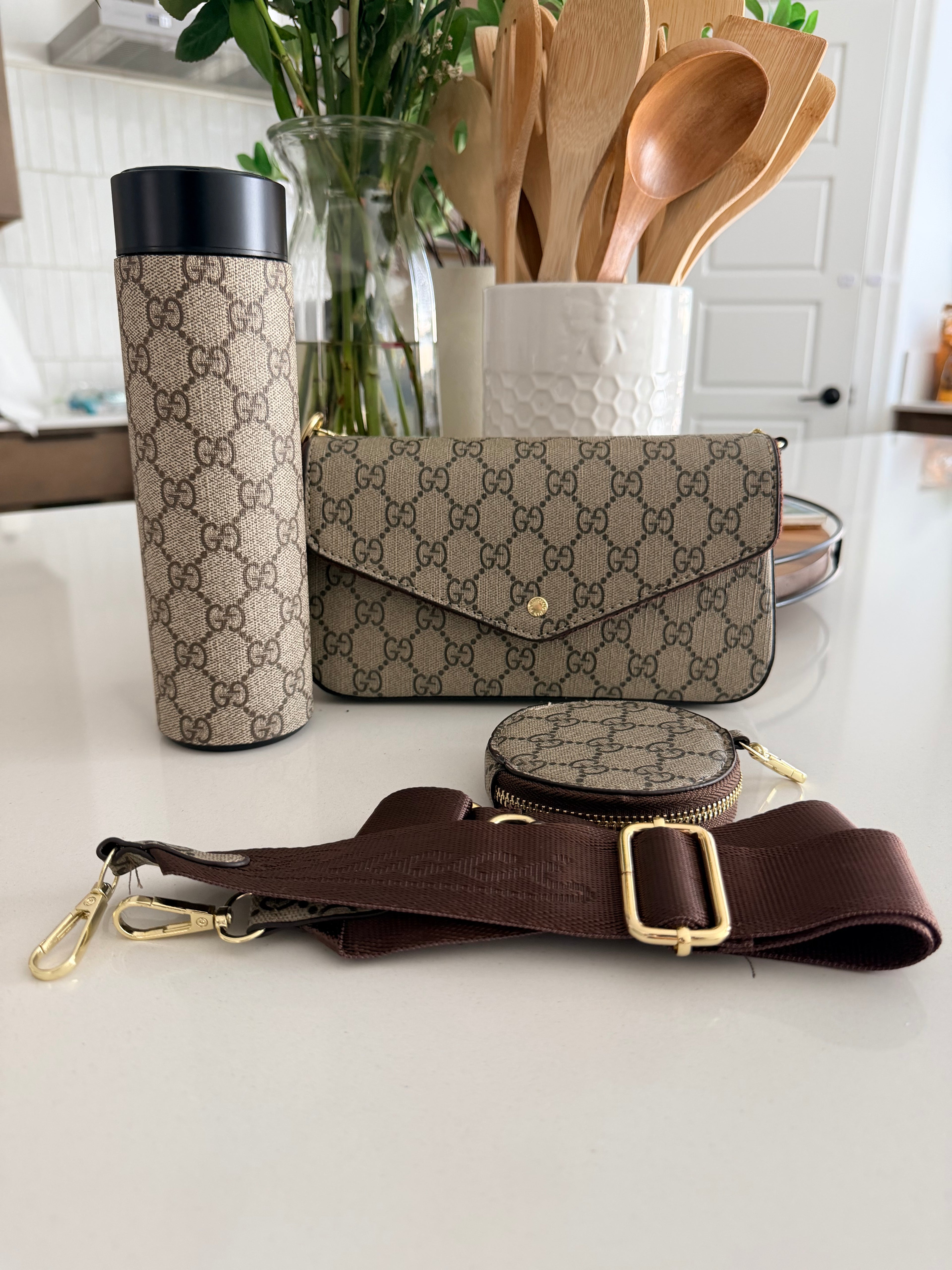 Inspired GG crossbody with tumbler